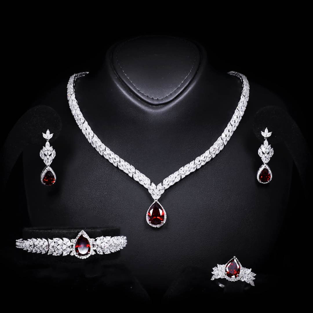 Omnia Aamira Teardrop-Design Bridal Red Full Set with  High Quality Zircon Stone Premium Rhodium Plated (Size 18cm Ring Size 7 Only available in KSA)
