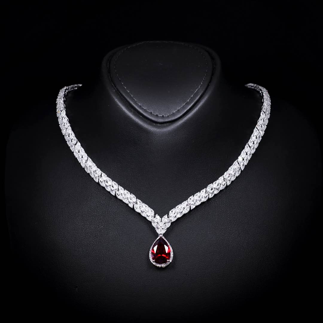 Omnia Aamira Teardrop-Design Bridal Red Full Set with  High Quality Zircon Stone Premium Rhodium Plated (Size 18cm Ring Size 7 Only available in KSA)