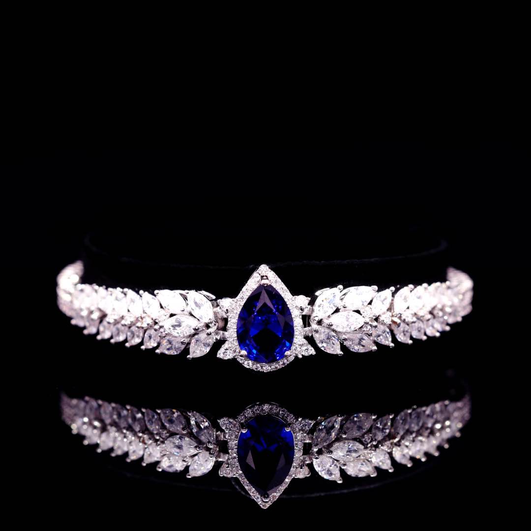 Omnia Aamira Teardrop-Design Bridal Navy Blue Full Set with  High Quality Zircon Stone Premium Rhodium Plated
