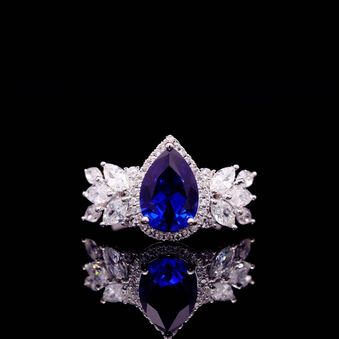 Omnia Aamira Teardrop-Design Bridal Navy Blue Full Set with  High Quality Zircon Stone Premium Rhodium Plated