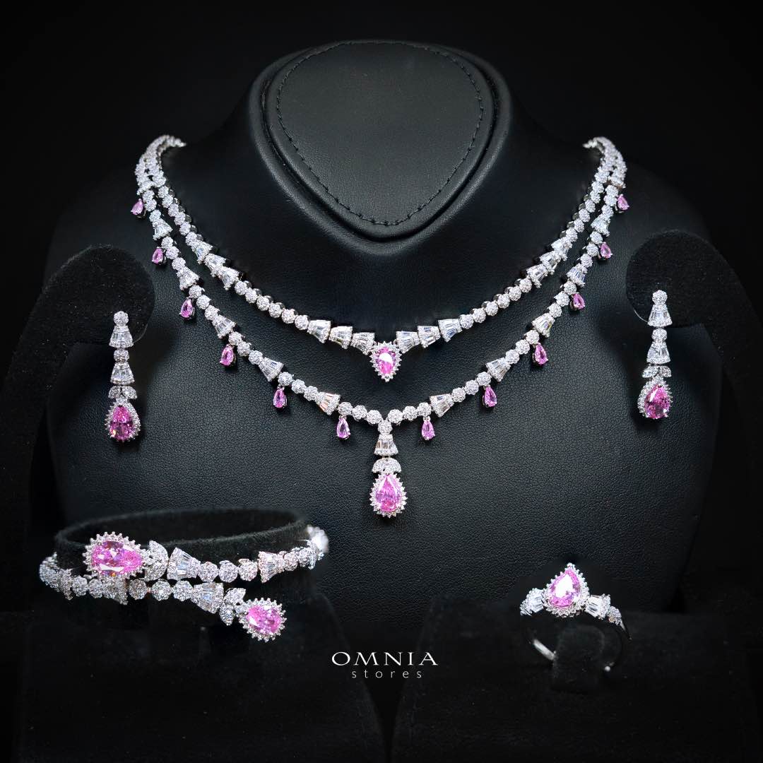 Omnia Ghada Pink Bridal Full Set with Rhodium Plated in High Quality Zircon Stone Rhodium Plated