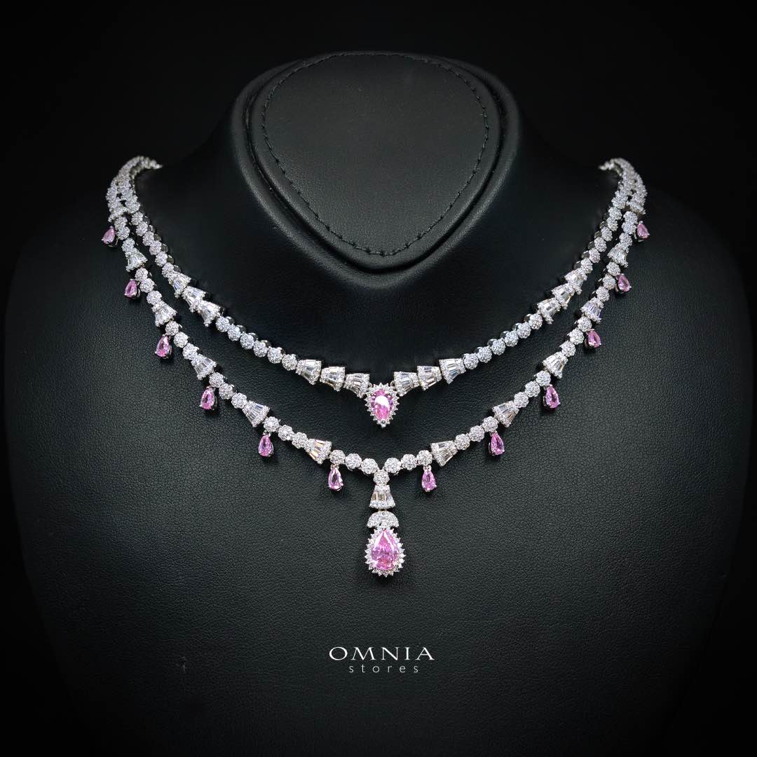 Omnia Ghada Pink Bridal Full Set with Rhodium Plated in High Quality Zircon Stone Rhodium Plated