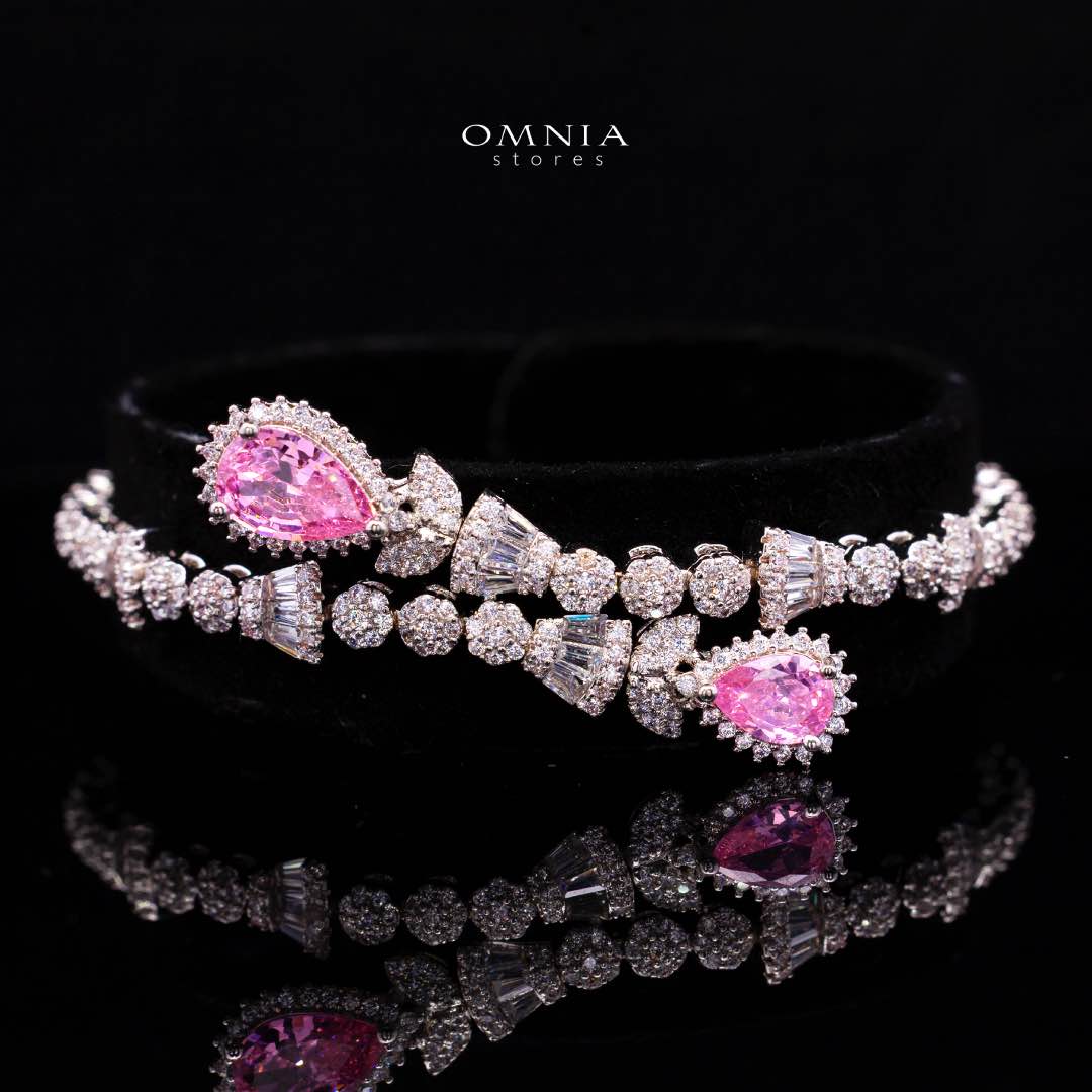 Omnia Ghada Pink Bridal Full Set with Rhodium Plated in High Quality Zircon Stone Rhodium Plated