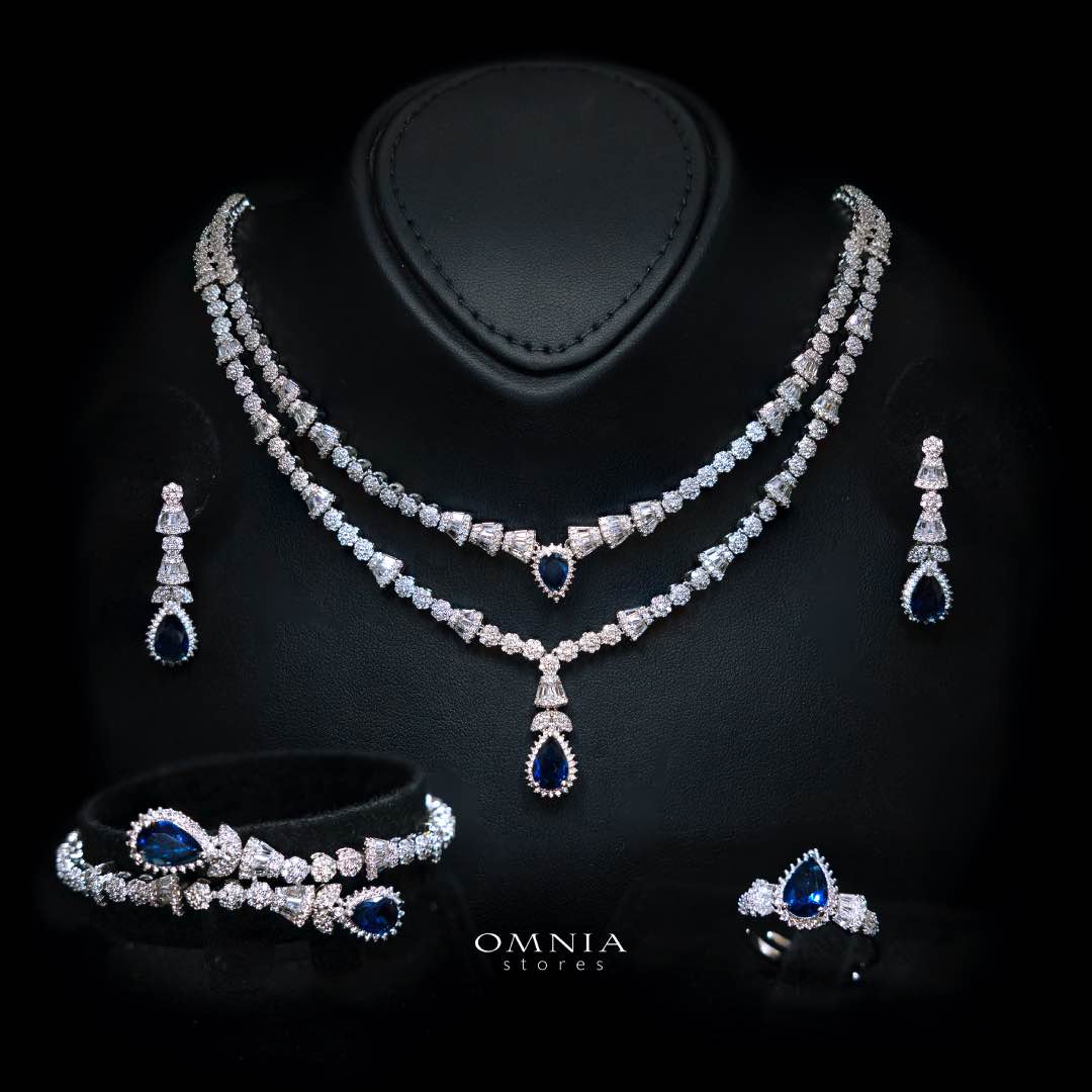 Omnia Ethereal Blue Drop-Down Pear Shape Full Set in High Quality Zircon Stone in Tarnish Resistant Plating