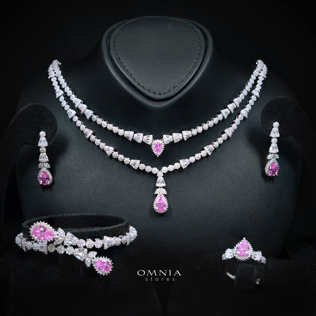 Omnia Ethereal Pink Drop Luxury Bridal Full Set in High Quality Rhodium Plated Zircon Stones