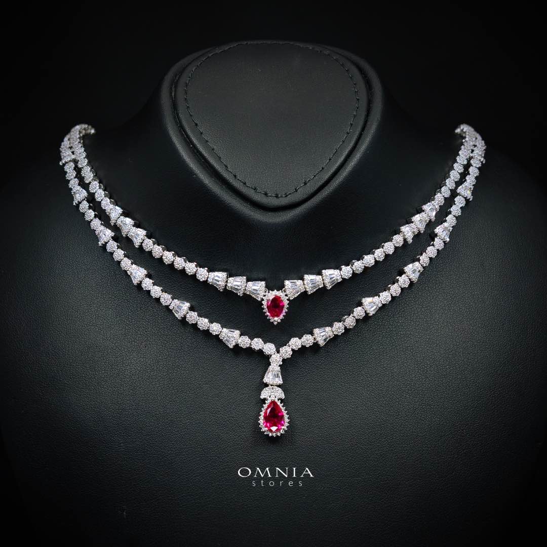 Omnia Ethereal Red Drop Luxury Bridal Full Set in High Quality Rhodium Plated Zircon Stones