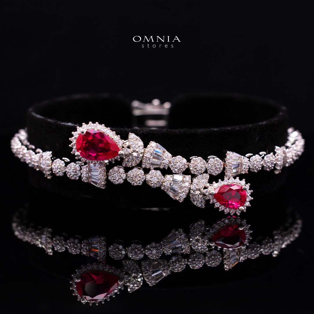 طقم Omnia Ethereal Red Drop الفاخر للعروس كامل، مطلي بالروديوم عالي الجودة ومرصع بأحجار الزركون