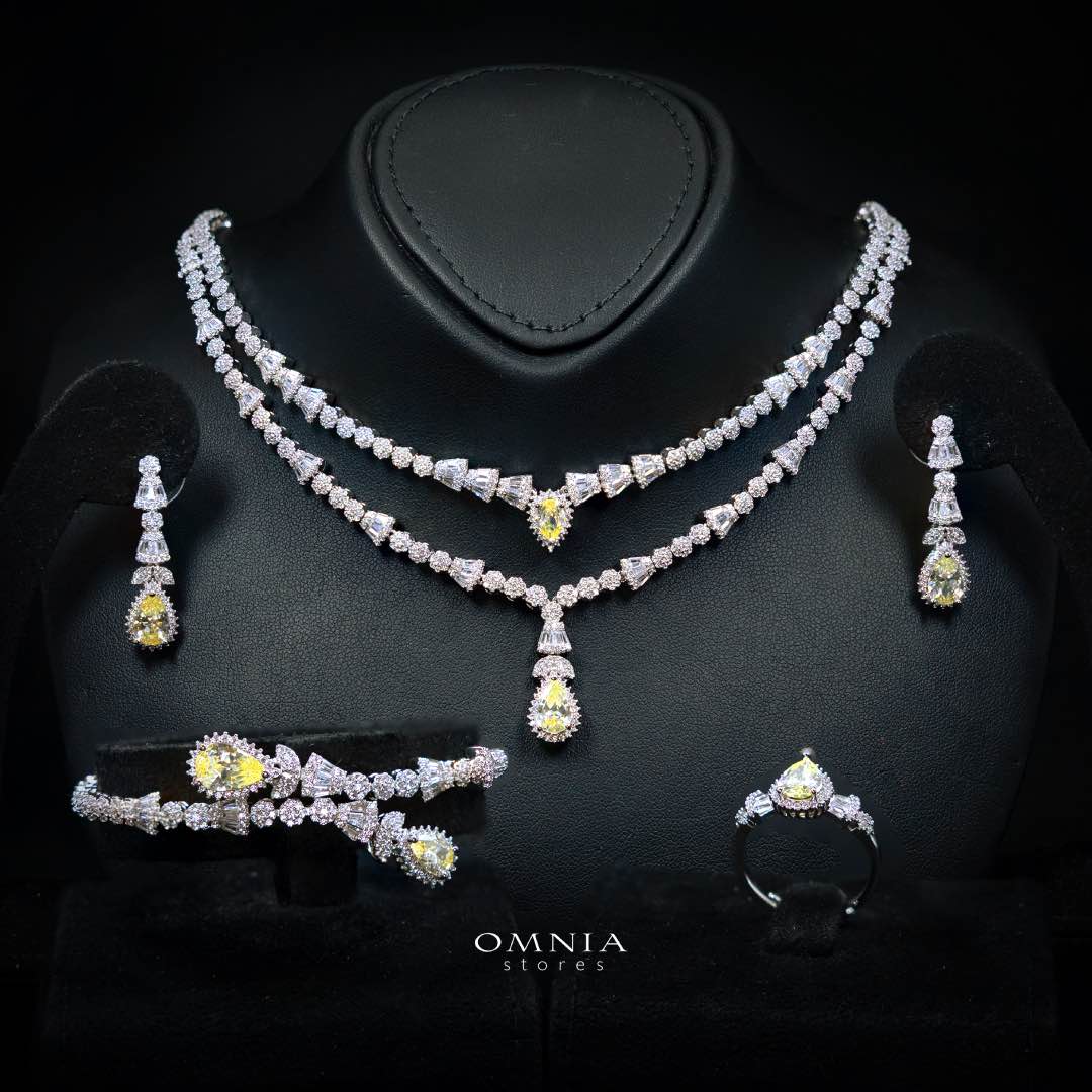 Omnia Ethereal Yellow Luxury Bridal Full Set in High Quality Rhodium Plated Zircon Stones