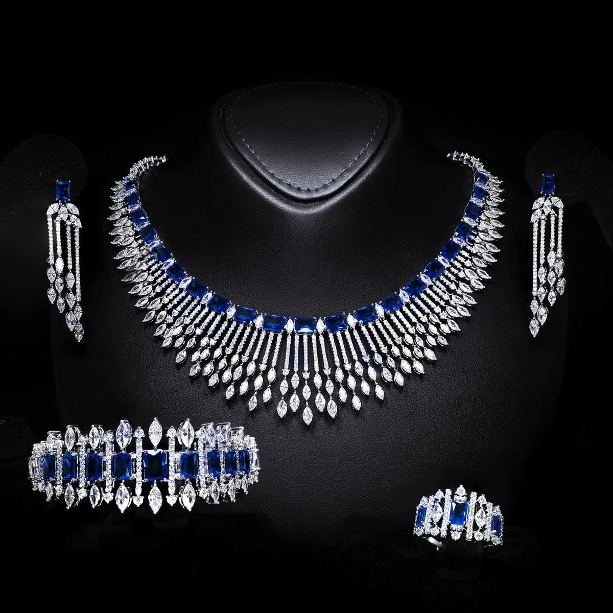 Aimee Blue Luxury Bridal Full Set with High-Quality Zircon Stones, Rhodium-Plated