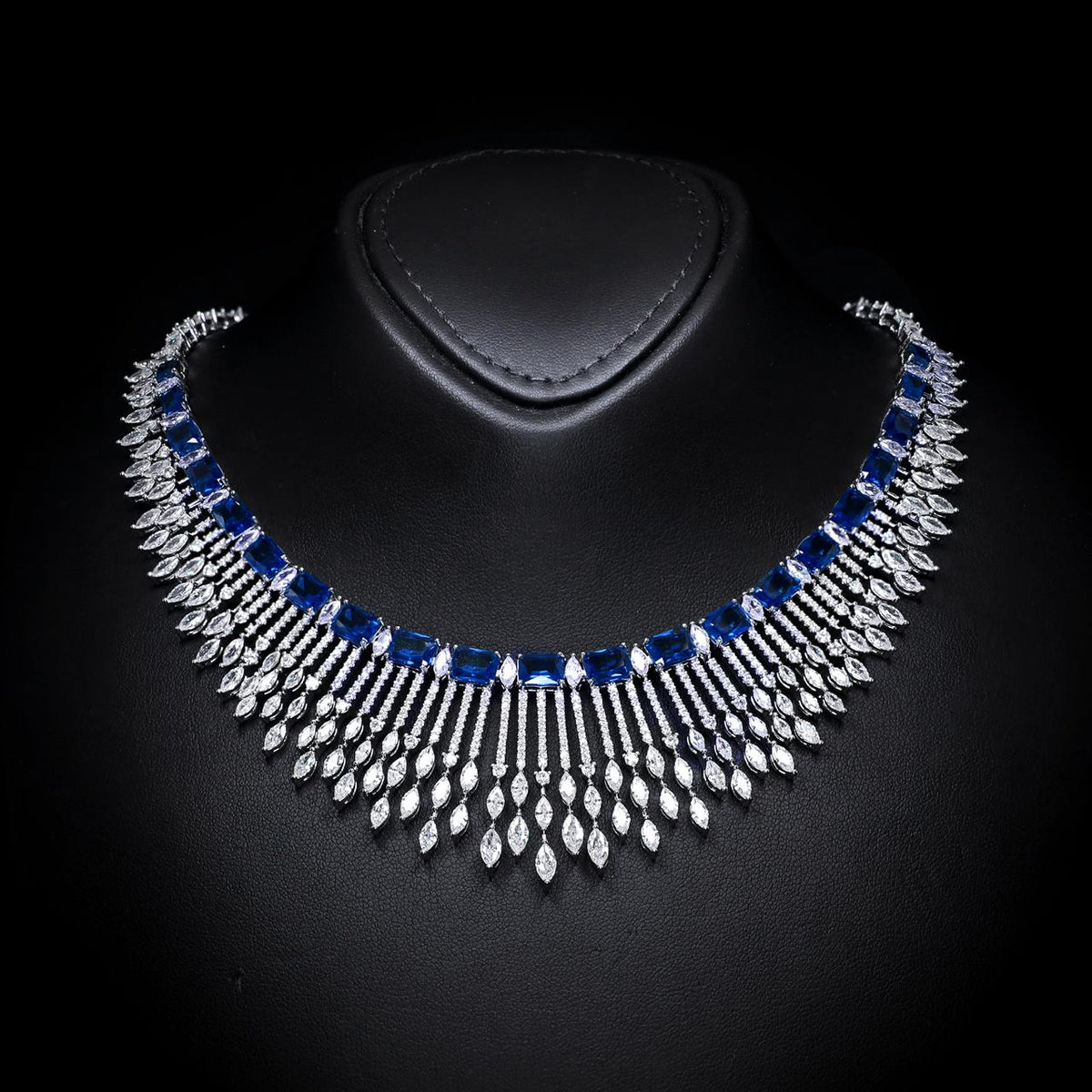 Aimee Blue Luxury Bridal Necklace with High-Quality Zircon Stones, Rhodium-Plated