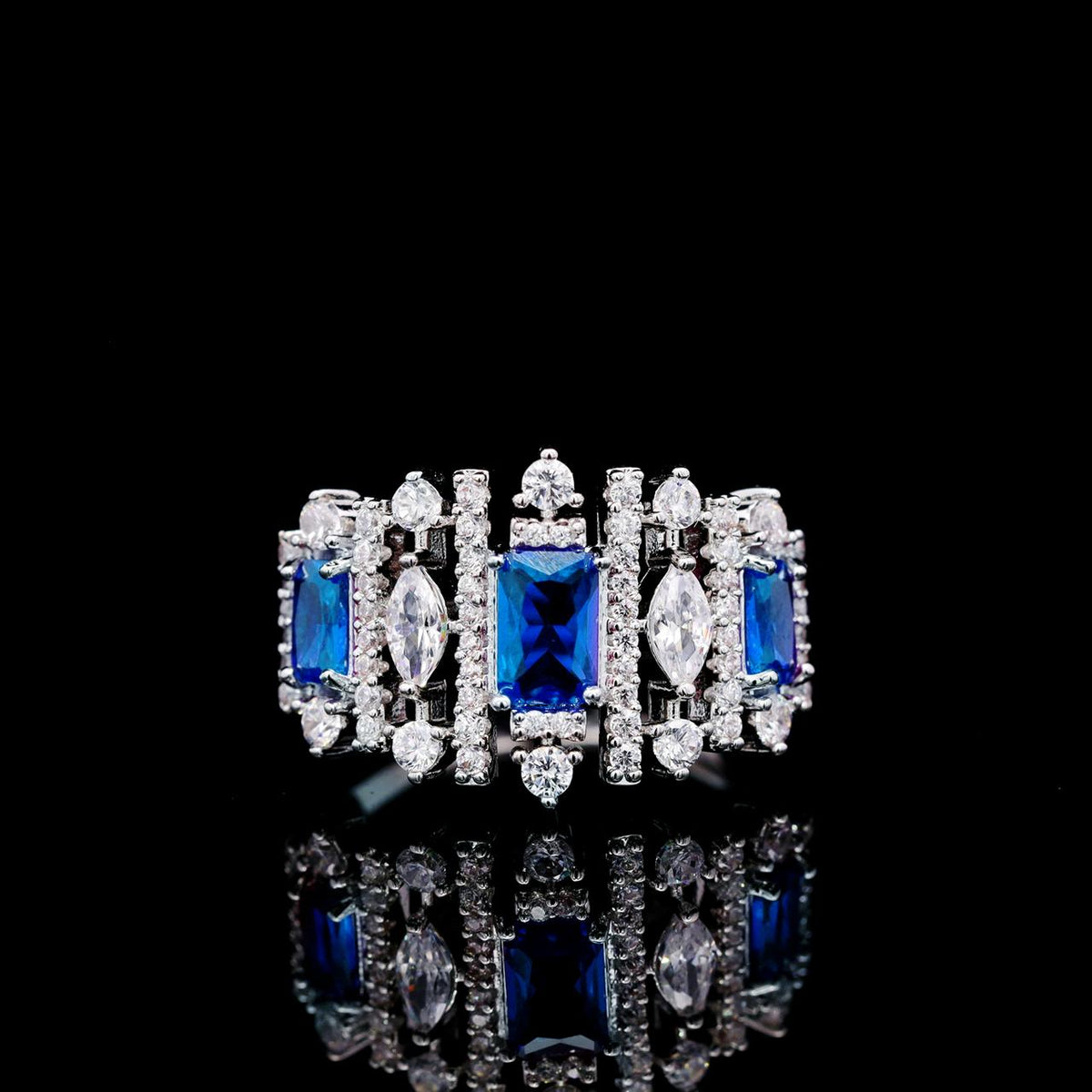 Aimee Blue Luxury Bridal Ring with High-Quality Zircon Stones, Rhodium-Plated
