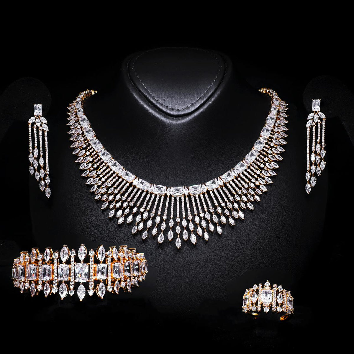 Aimee Gold Luxury Bridal Full Set with High-Quality Zircon Stones, Rhodium-Plated