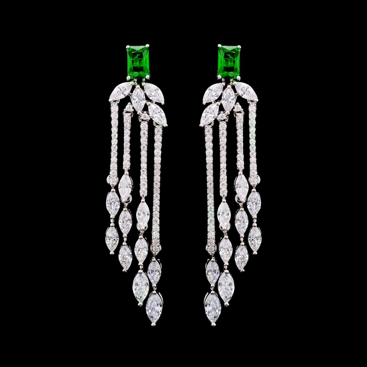 Aimee Green Luxury Bridal Earring with High-Quality Zircon Stones, Rhodium-Plated