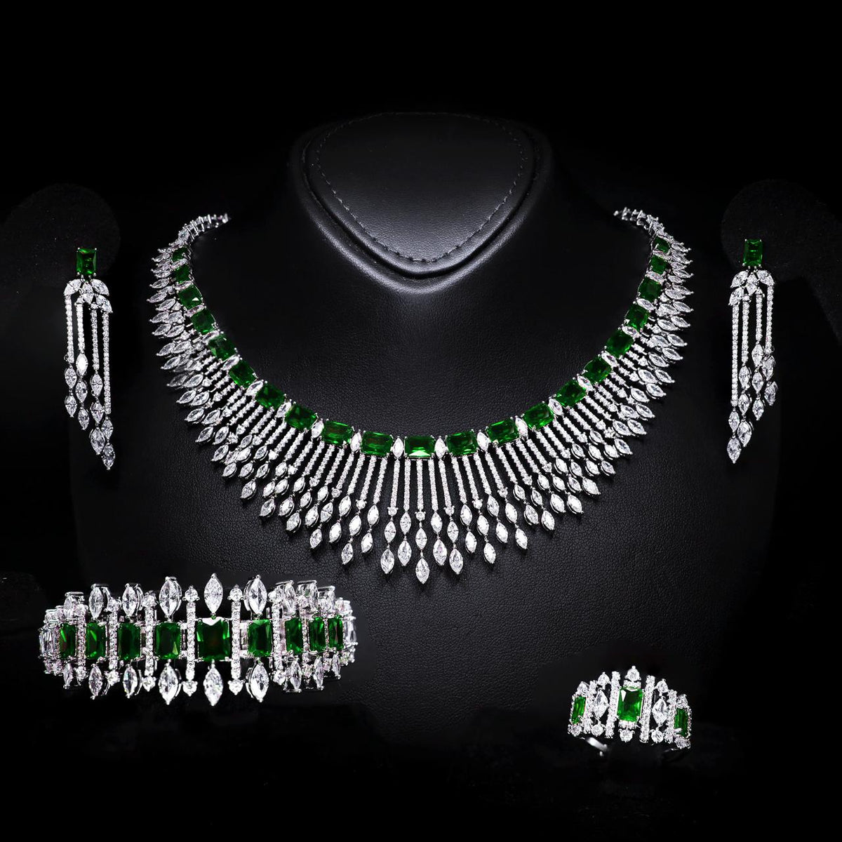 Aimee Green Luxury Bridal Full Set with High-Quality Zircon Stones, Rhodium-Plated