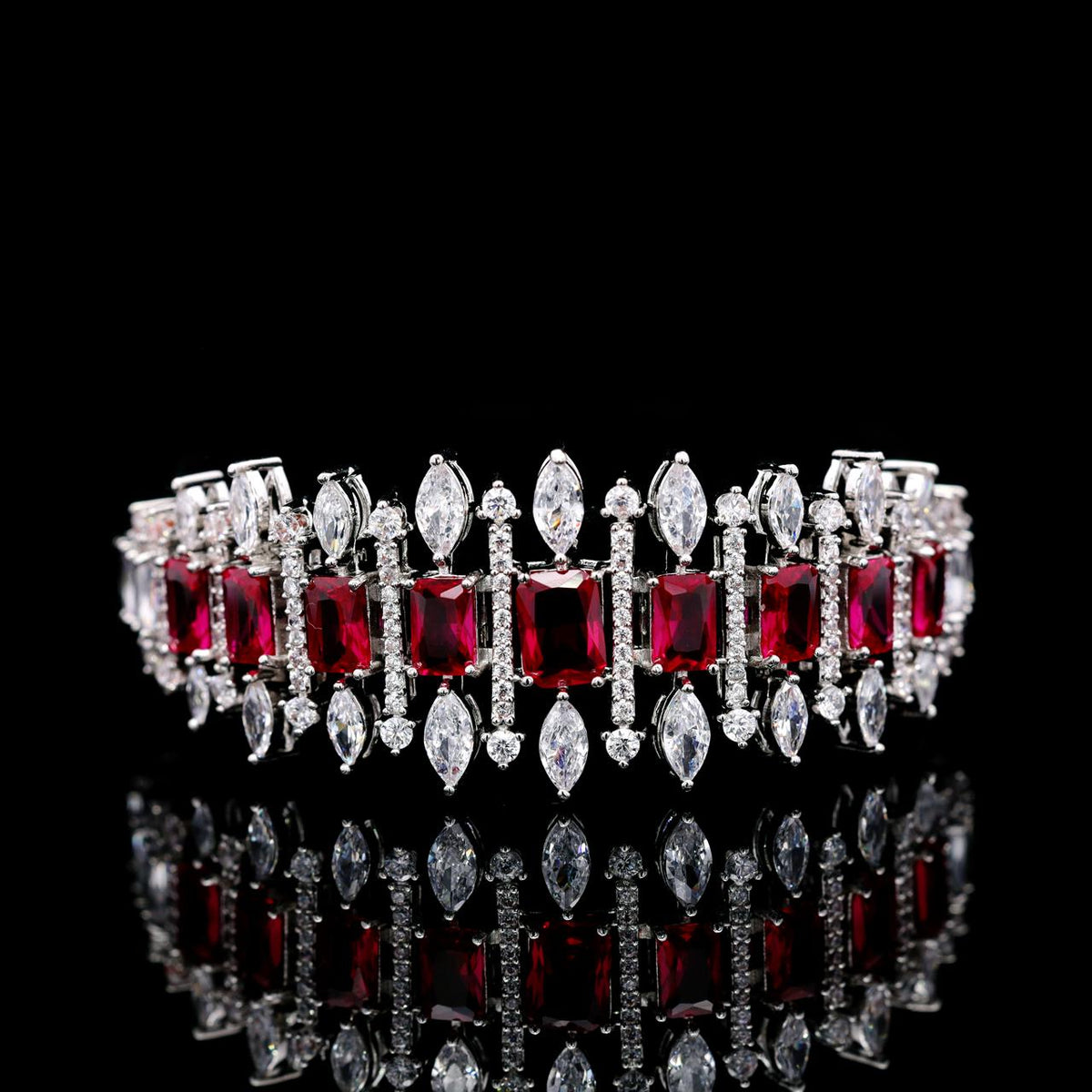 Aimee Red Luxury Bridal Bracelet with High-Quality Zircon Stones, Rhodium-Plated