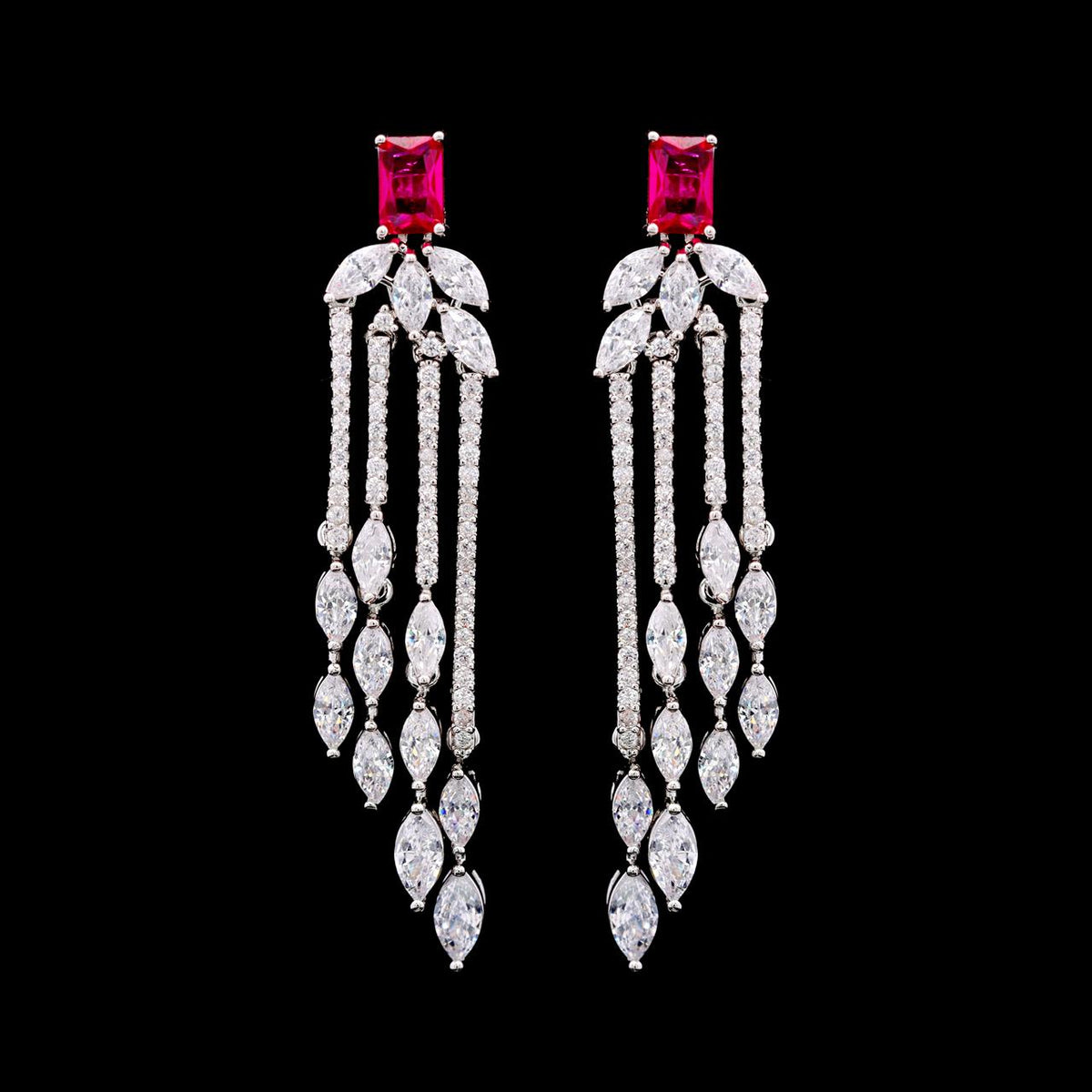 Aimee Red Luxury Bridal Earring with High-Quality Zircon Stones, Rhodium-Plated