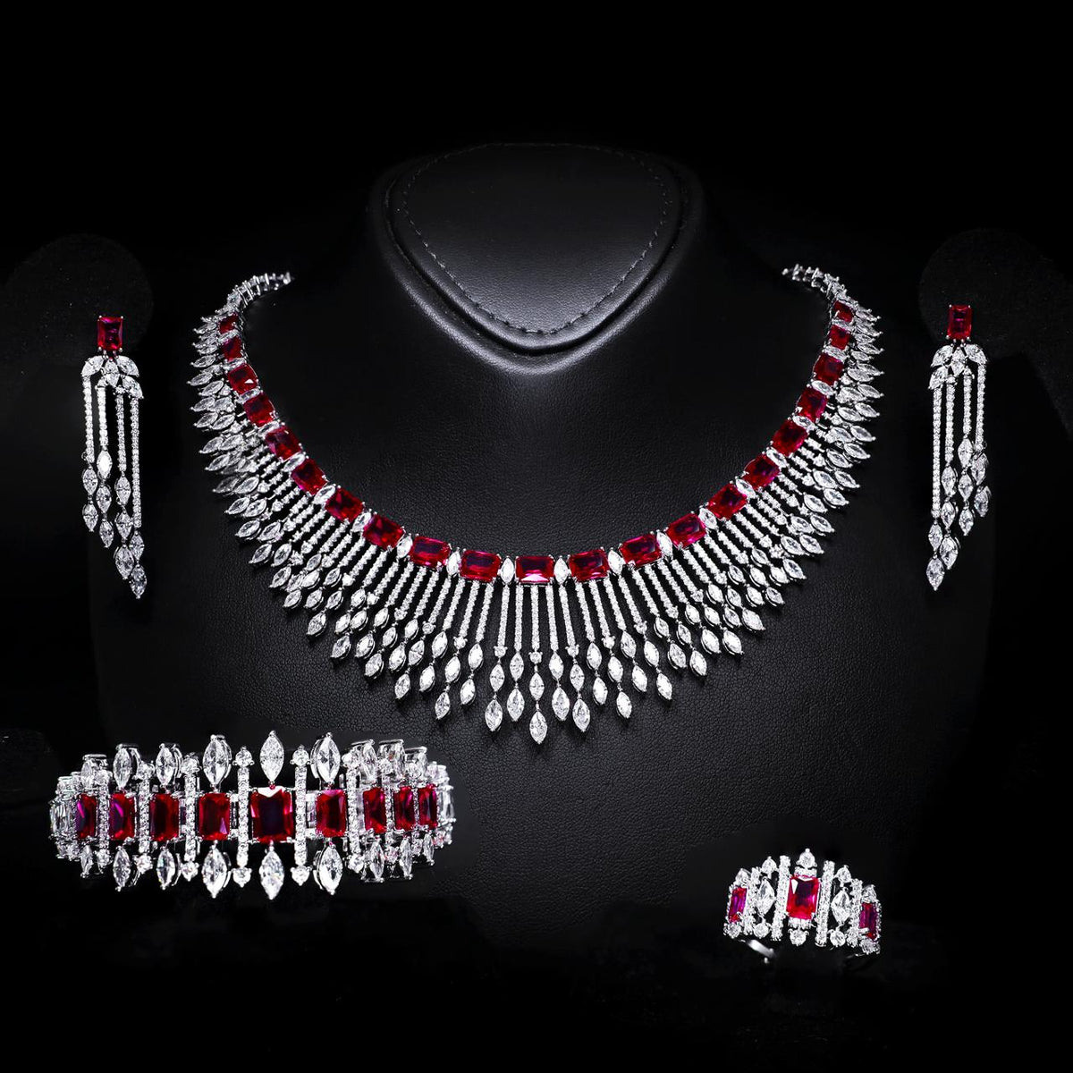 Aimee Red Luxury Bridal Full Set with High-Quality Zircon Stones, Rhodium-Plated