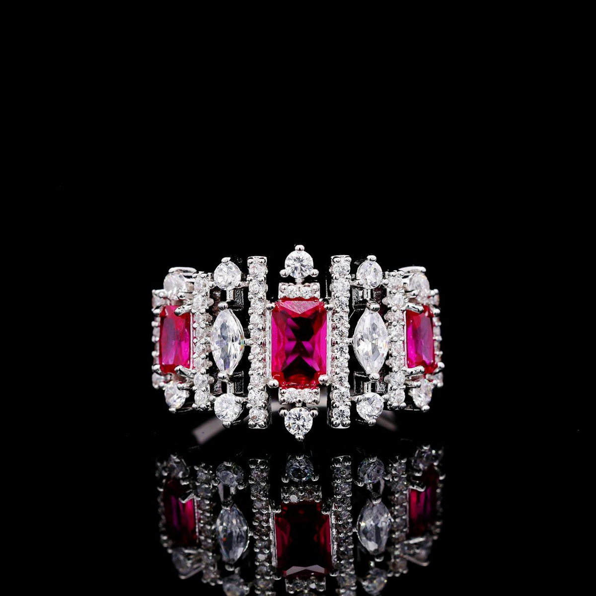 Aimee Red Luxury Bridal Ring with High-Quality Zircon Stones, Rhodium-Plated