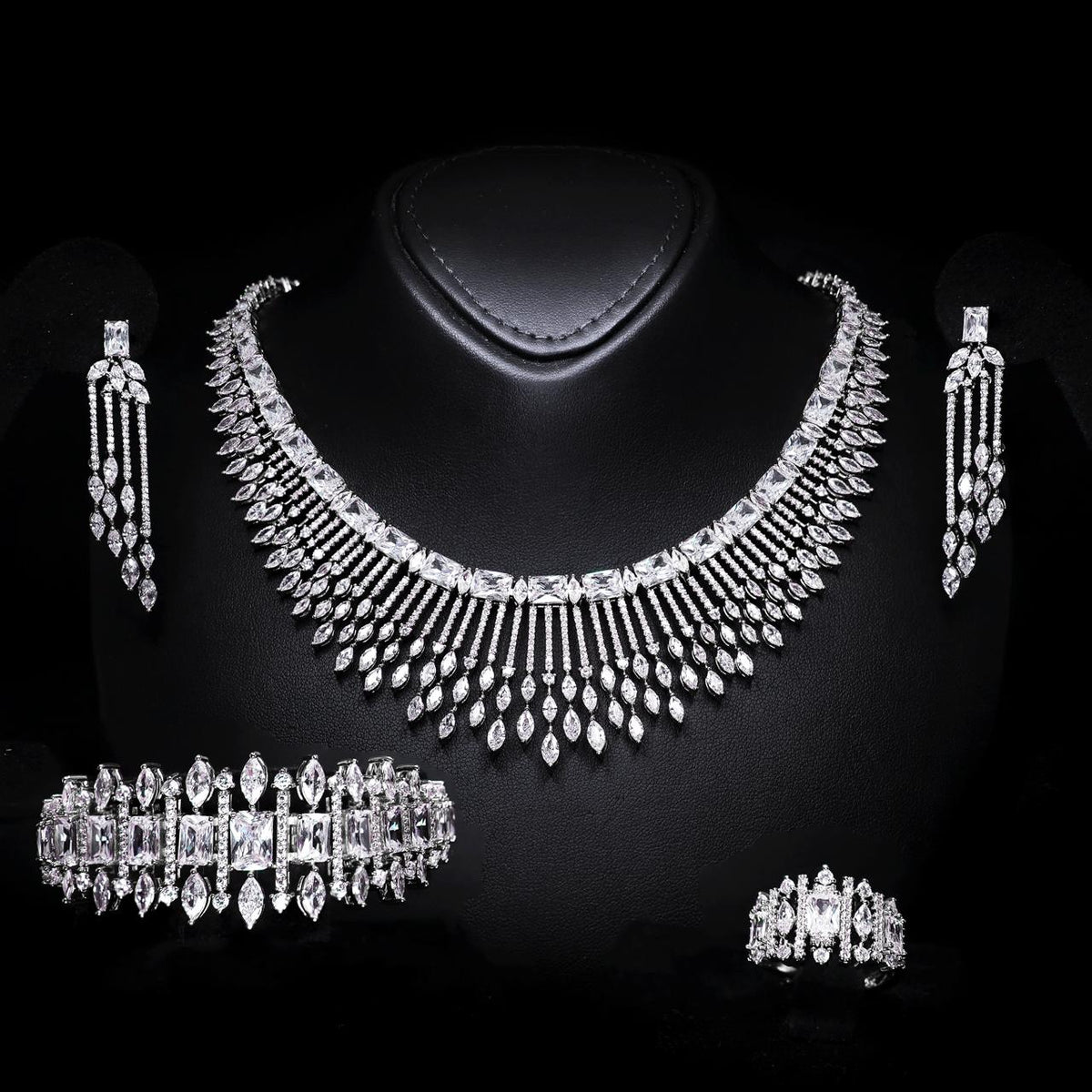 Aimee White Luxury Bridal Full Set with High-Quality Zircon Stones, Rhodium-Plated