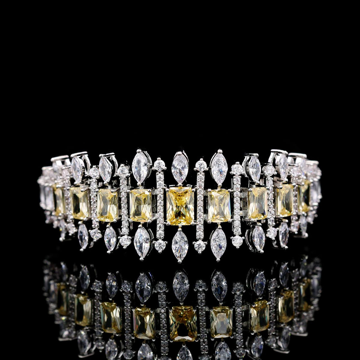 Aimee Yellow Luxury Bridal Bracelet with High-Quality Zircon Stones, Rhodium-Plated