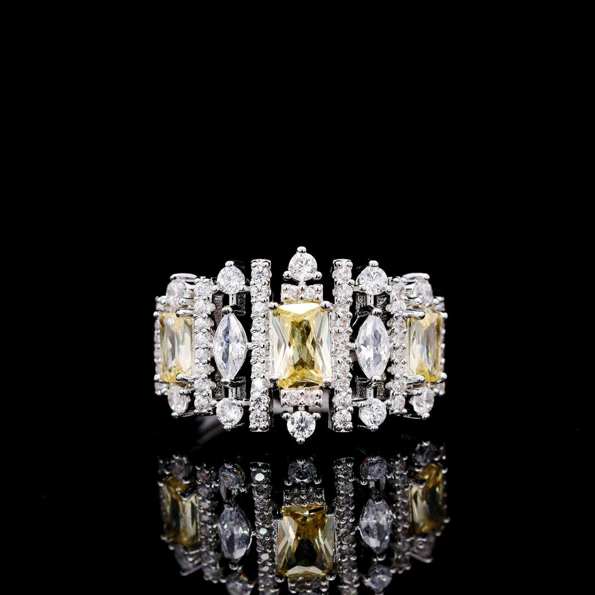 Aimee Yellow Luxury Bridal Ring with High-Quality Zircon Stones, Rhodium-Plated