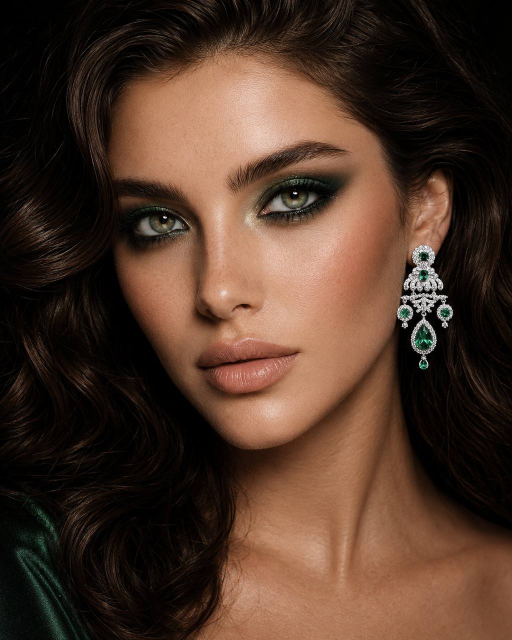 Omnia Amani Chandelier Earrings with Emerald Green Simulated Diamonds in 925 Silver - OMNIASTORES UAE