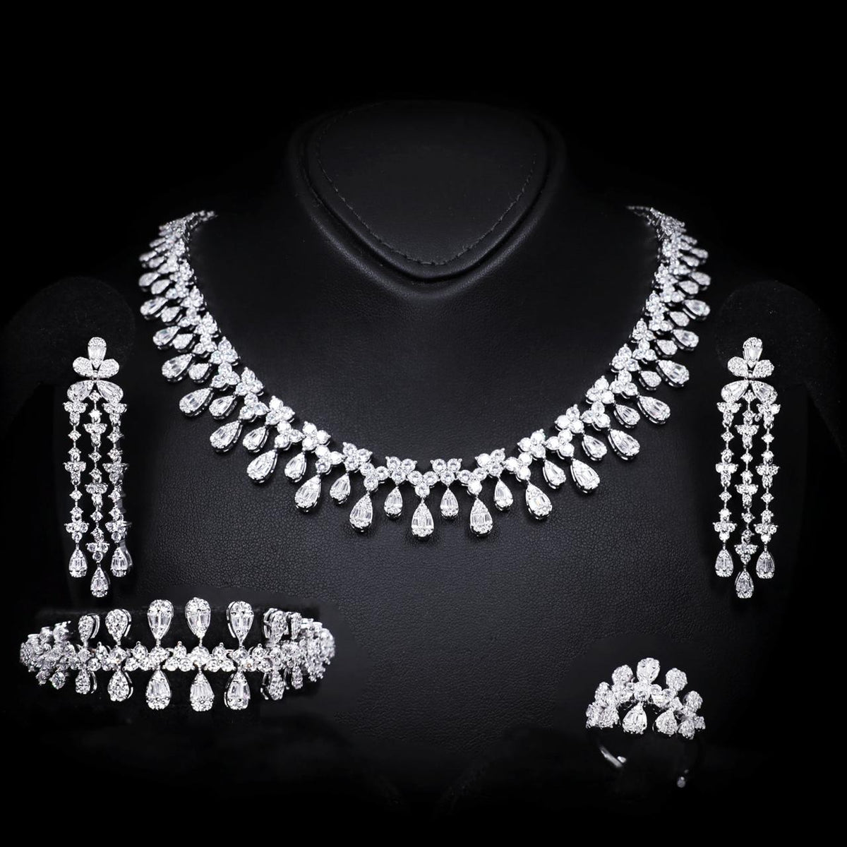 Ananya White Luxury Bridal Full Set with High-Quality Zircon Stones Rhodium-Plated Finish