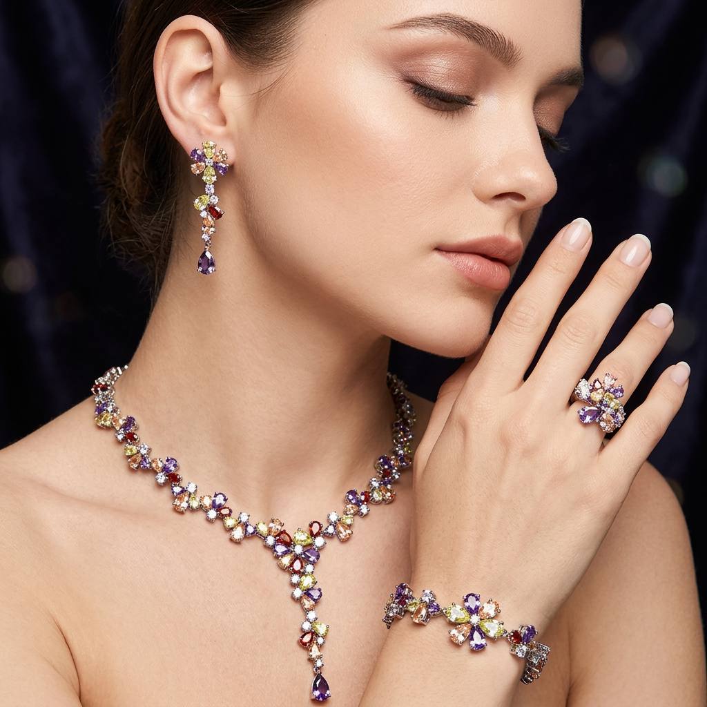 Omnia Aziza Bridal Full Set in High Quality Simulated Diamonds Premium Rhodium Plated