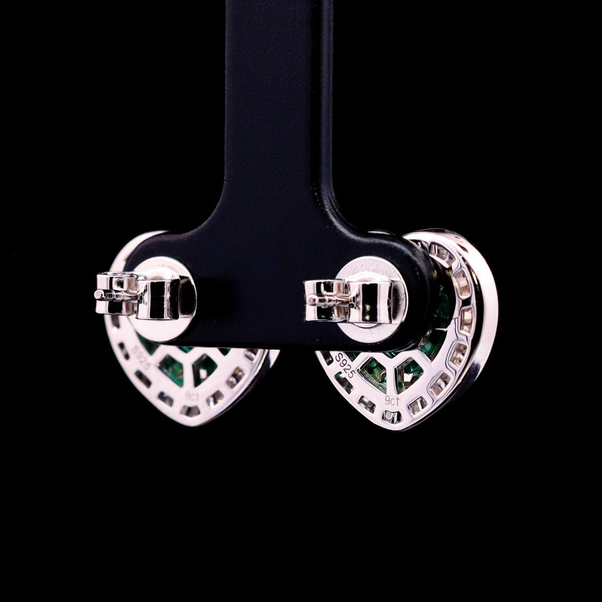 Bushra Green Heart-Shaped Earrings with Certificate | Simulated Diamonds in 925 Sterling Silver back