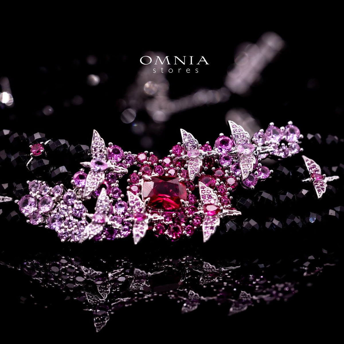 Omnia Blossom Black Beads Bracelet in 925 Silver with High Quality Simulated Diamonds