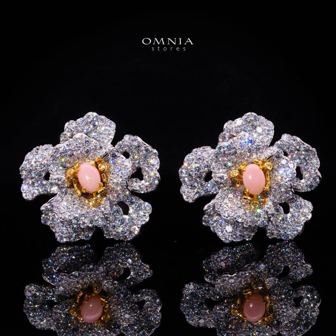 Omnia Sihab Pink Coral Flower Silver Clip Earrings in 925 Silver High Quality White Simulated Diamond Stones