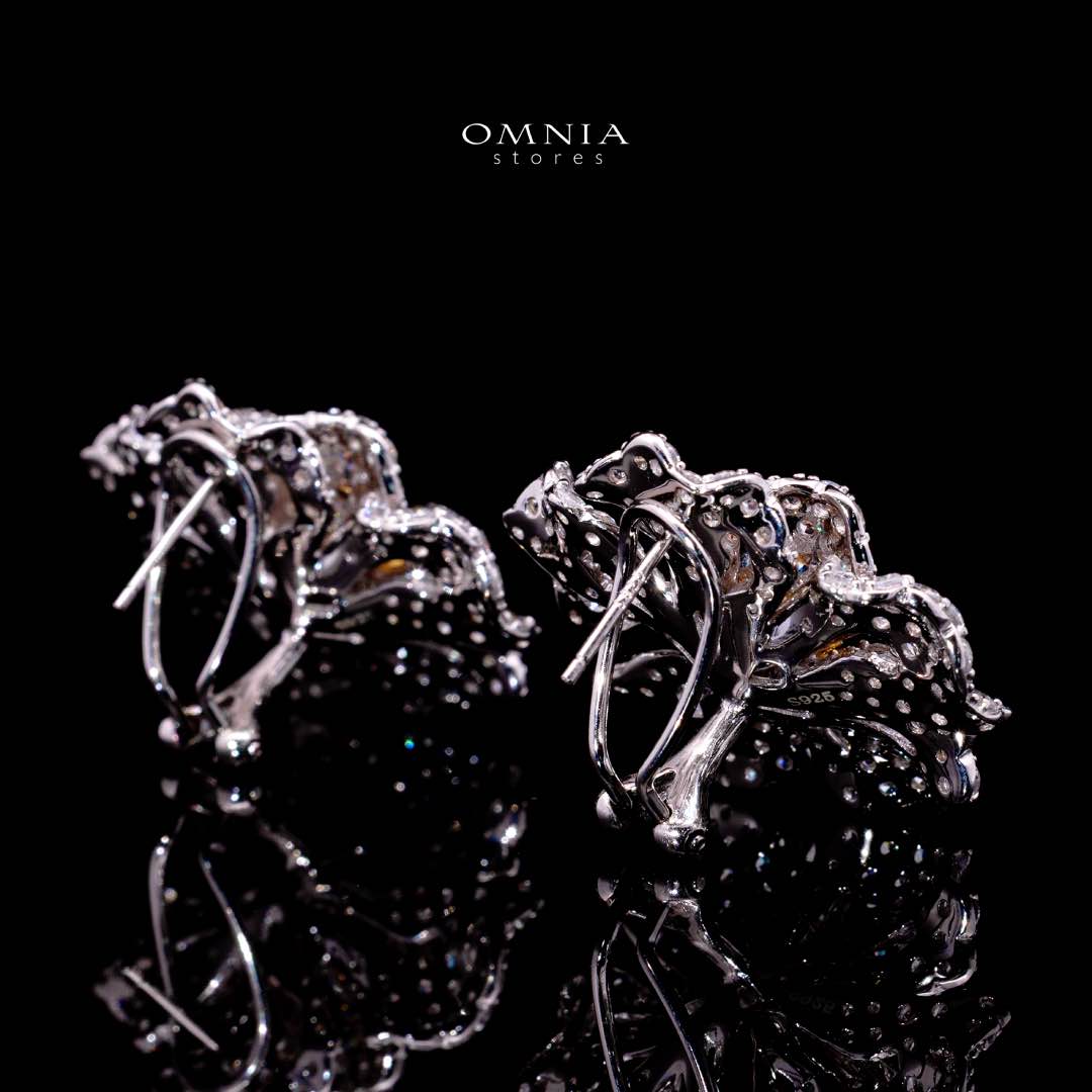 Omnia Sihab Pink Coral Flower Silver Clip Earrings in 925 Silver High Quality White Simulated Diamond Stones