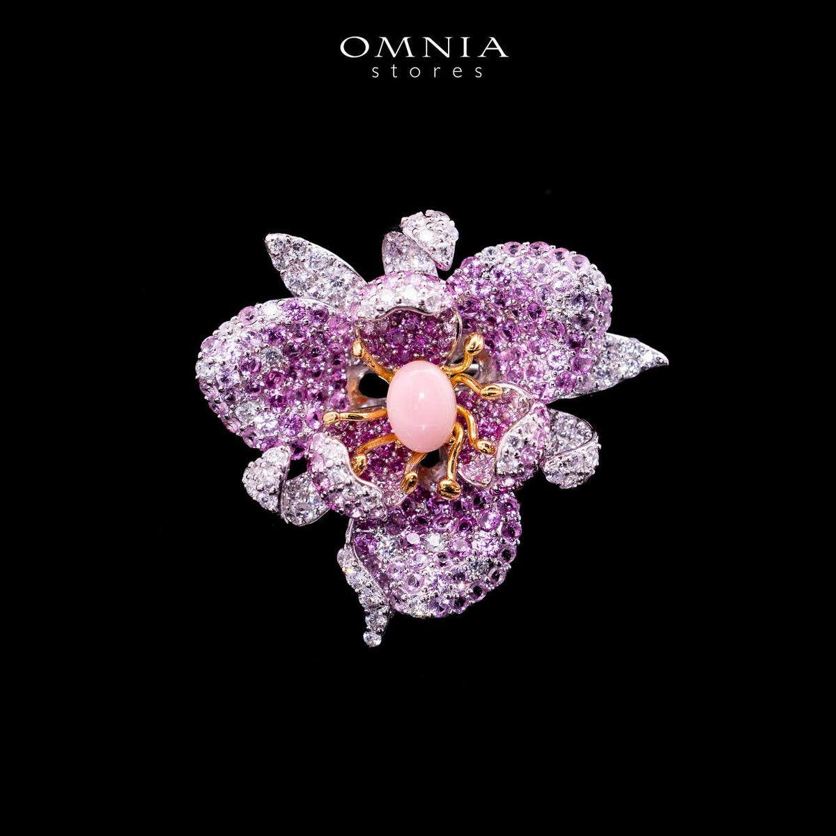 Omnia Sia Pink Coral Floral Brooch in 925 Silver High Quality Purple and White Simulated Diamonds