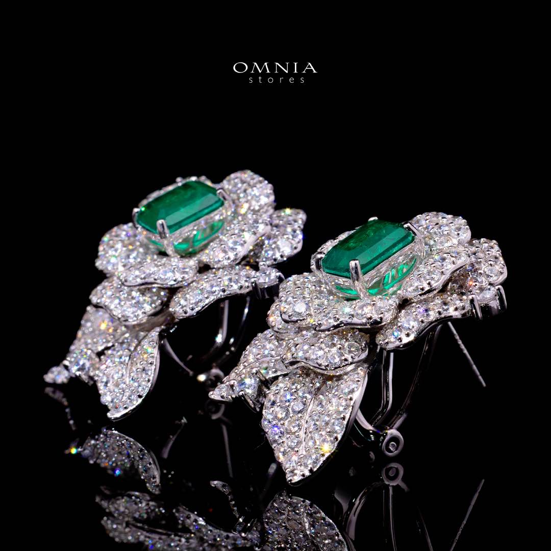 Omnia Laina White and Green Clip Earrings With High Quality Simulated Diamonds in 925 Silver