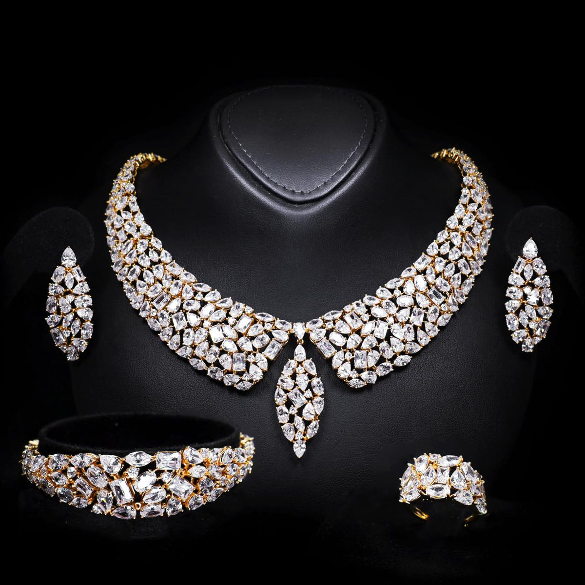 Caliya Gold Luxury Bridal Full Set with High-Quality Zircon Stones Rhodium-Plated Finish