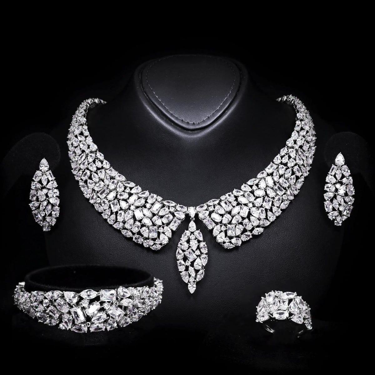 Caliya White Luxury Bridal Full Set with High-Quality Zircon Stones Rhodium-Plated Finish