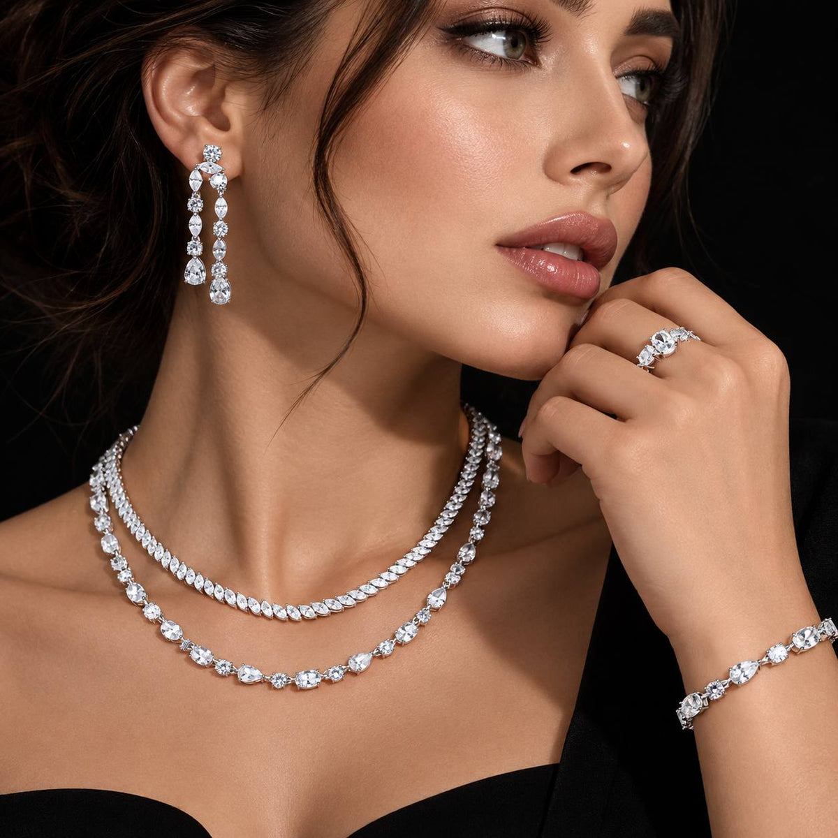 Chloe White Luxury Bridal Full Set | 925 Sterling Silver with High-Quality Simulated Diamonds on model