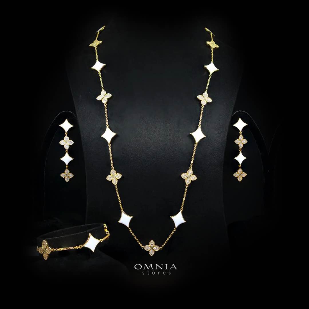 Omnia Golden Clove White Long Chain Full Set with High-Quality Simulated Diamonds 18k Gold Plated 100cm