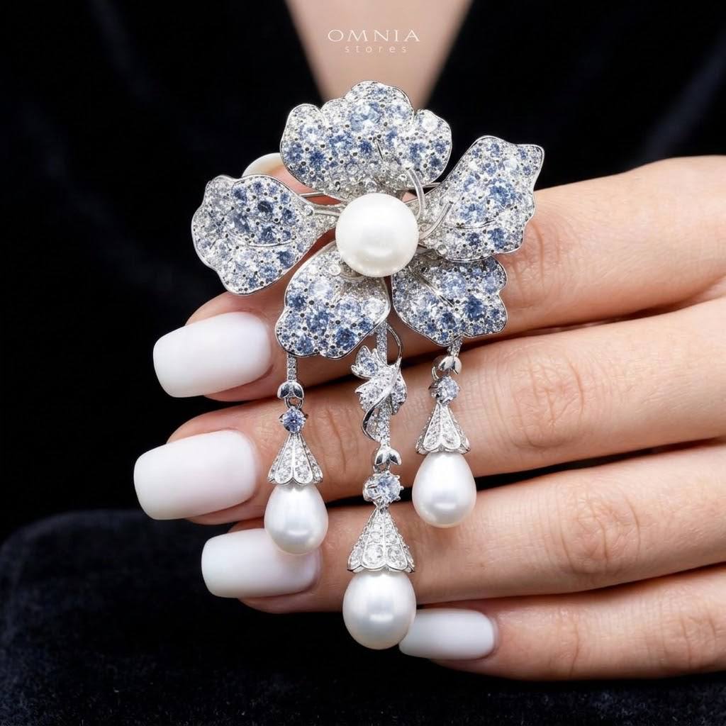 Omnia Halima Fresh Real Water Pearl brooch in 92.5 Silver High Quality Simulated diamonds