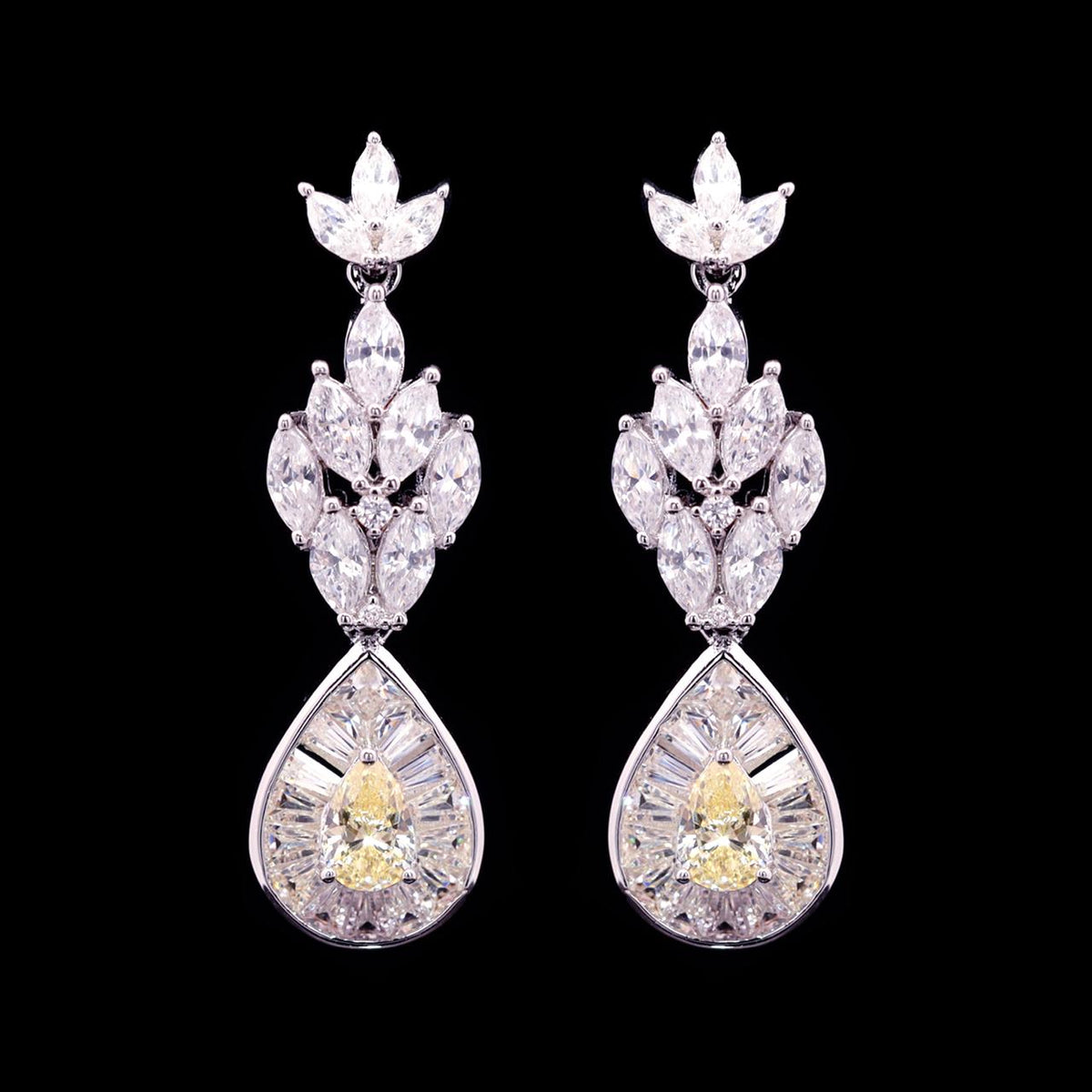 Harlyn Yellow Luxury Bridal Earring with High-Quality Zircon Stones Rhodium-Plated Finish