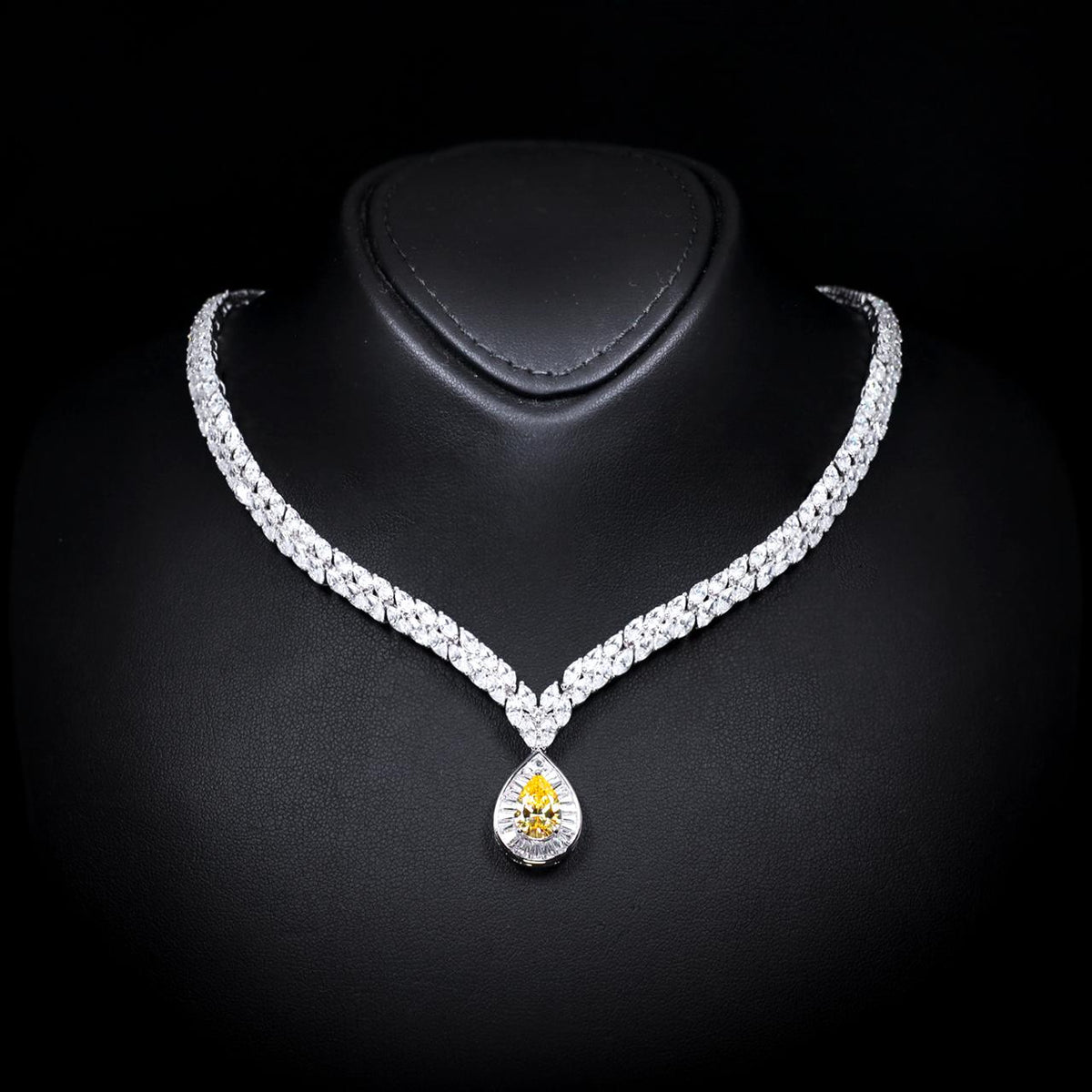 Harlyn Yellow Luxury Bridal Necklace with High-Quality Zircon Stones Rhodium-Plated Finish