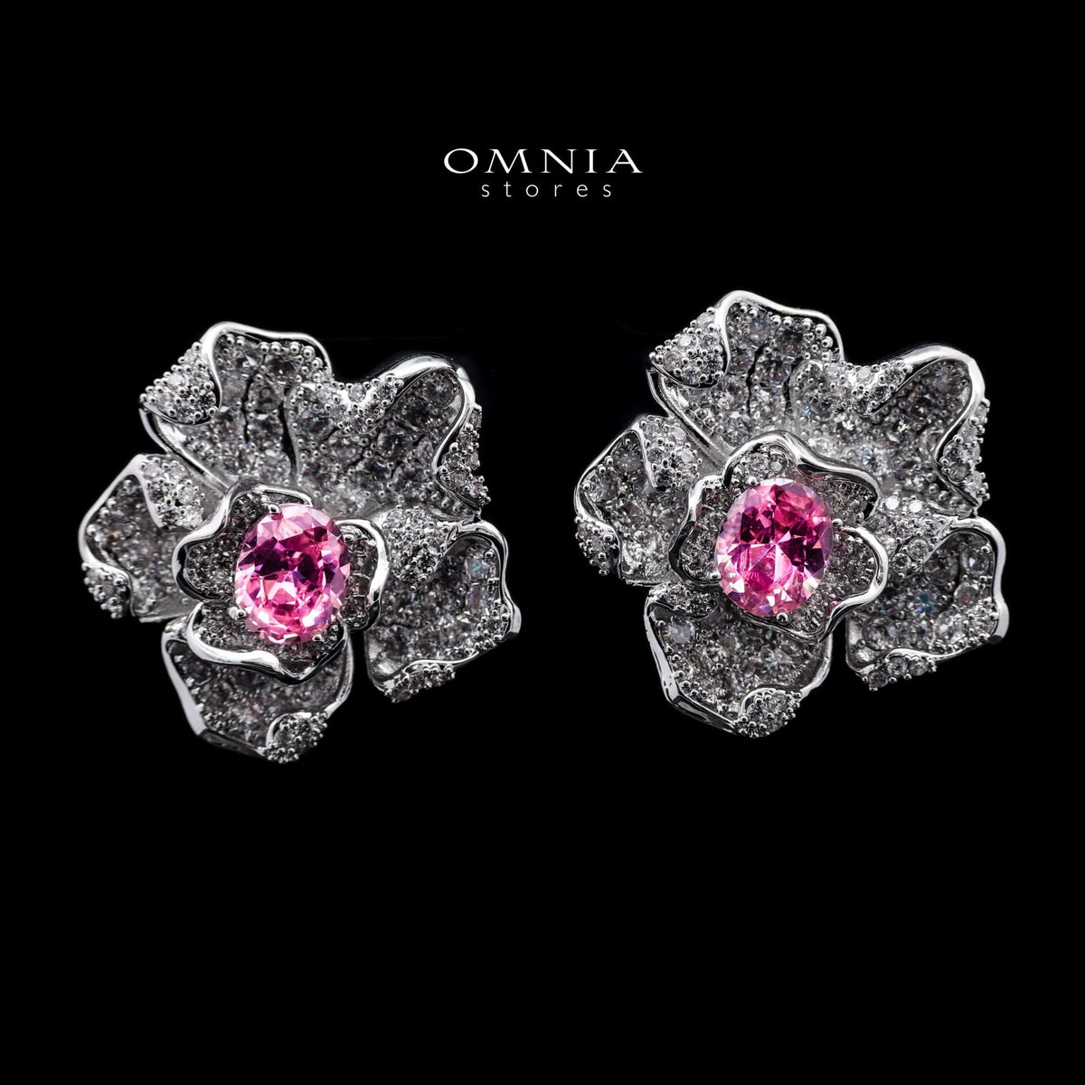 Omnia Silver Floral Stud Earrings with Oval-Cut Pink Center Stone & Pave-Set Simulated Diamonds in 92.5 Silver - OMNIASTORES UAE