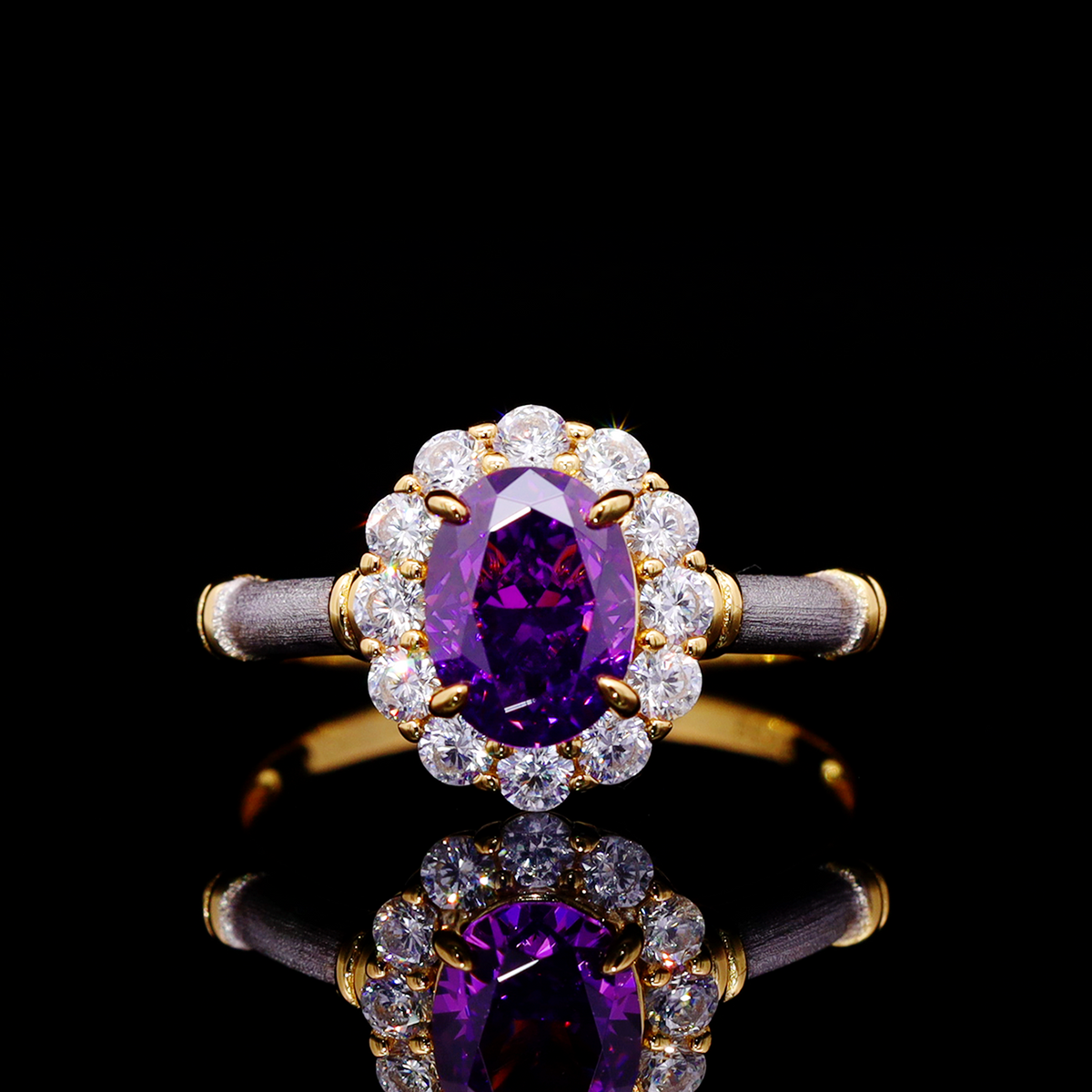 Omnia Amalya Purple Floral Lab-Crafted Stone Ring in Gold-Plated 925 Sterling Silver