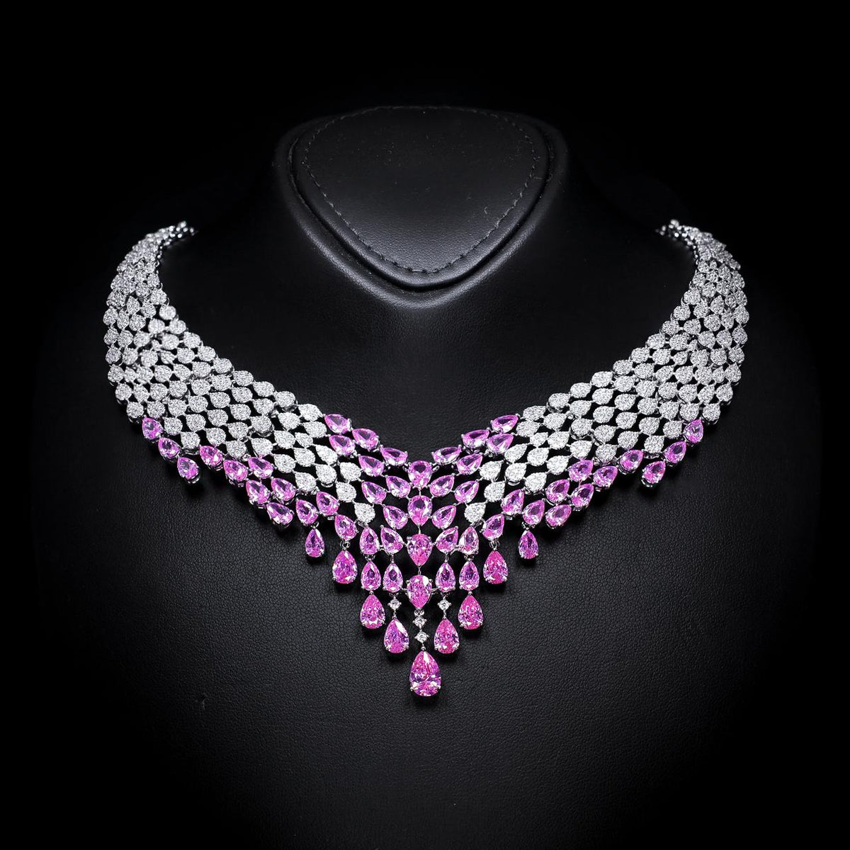 Jasira Pink Luxury Bridal Necklace with High-Quality Zircon Stones, Rhodium-Plated