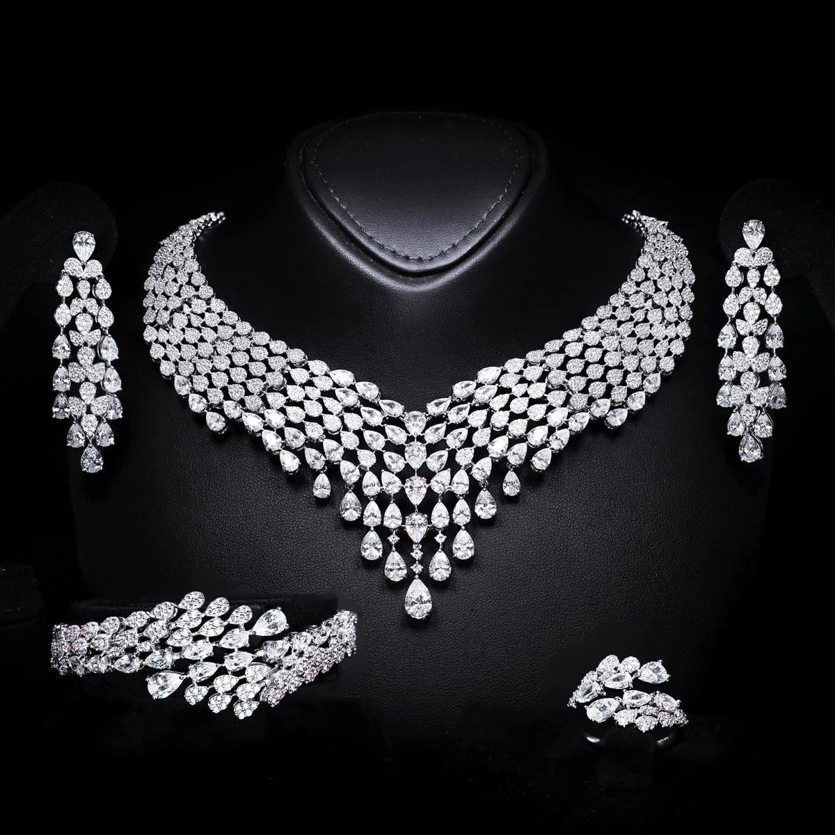 Jasira White Luxury Bridal Full Set with High-Quality Zircon Stones, Rhodium-Plated