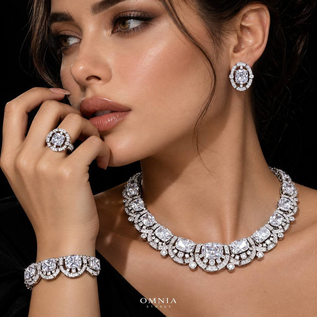 Liah White Luxury Bridal Full Set with High-Quality Zircon Stones Premium Rhodium Plating on model