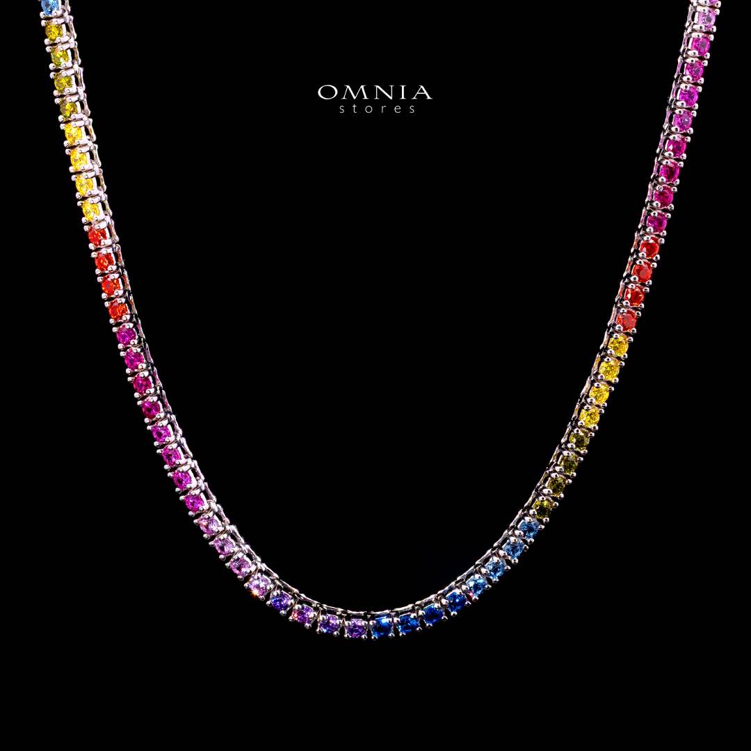 Omnia Saleen Multi-Colored Tennis Necklace 2.5mm in 92.5 Silver with High-Quality Simulated Diamonds