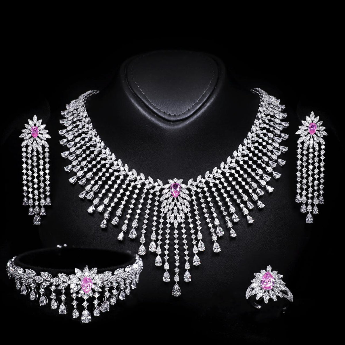 Myra Pink Luxury Bridal Full Set with High-Quality Zircon Stones Rhodium-Plated Finish