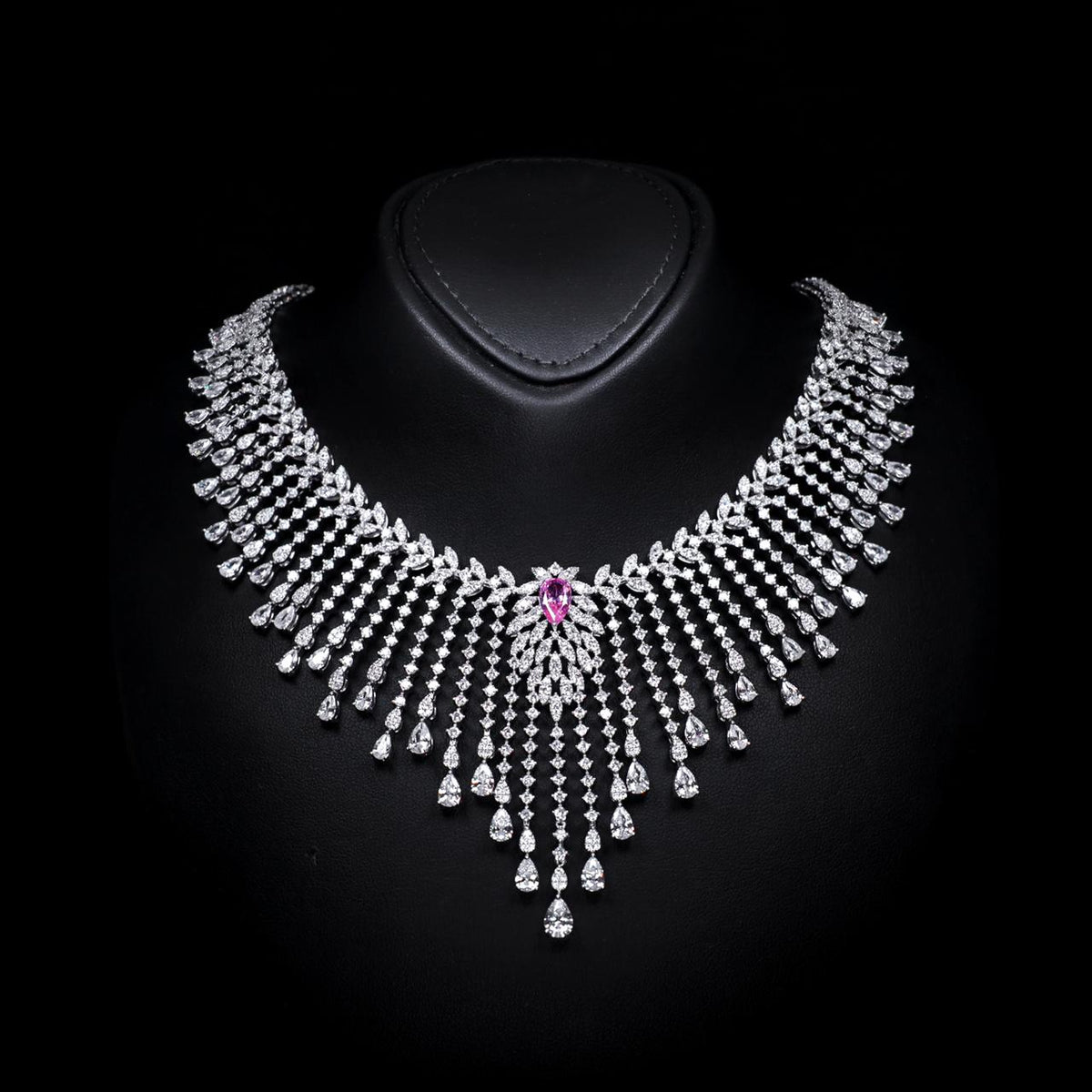 Myra Pink Luxury Bridal Necklace with High-Quality Zircon Stones Rhodium-Plated Finish