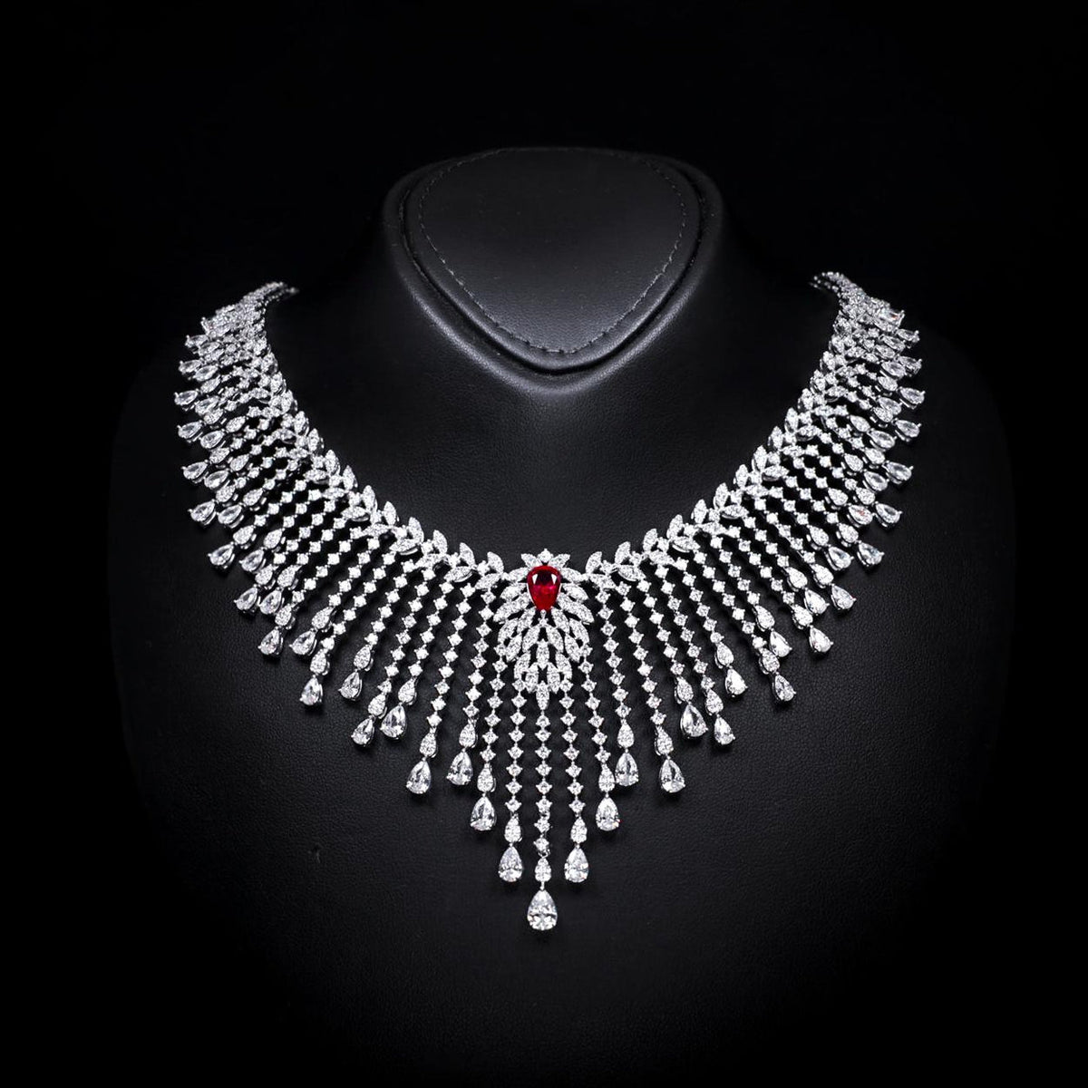 Myra Red Luxury Bridal Necklace with High-Quality Zircon Stones Rhodium-Plated Finish